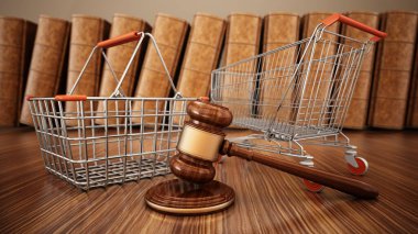 Gavel, alışveriş arabası ve sepet. Tüketici hakları kavramı 3D illüstrasyon.