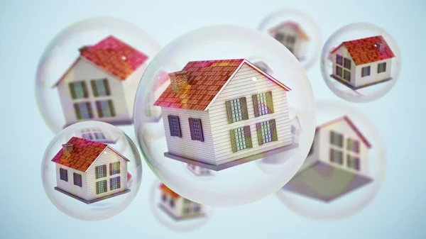 浮动气泡内的房子 房地产泡沫的概念 3D插图 — 图库照片