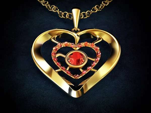 Gold heart necklace decorated with ruby gemstones.