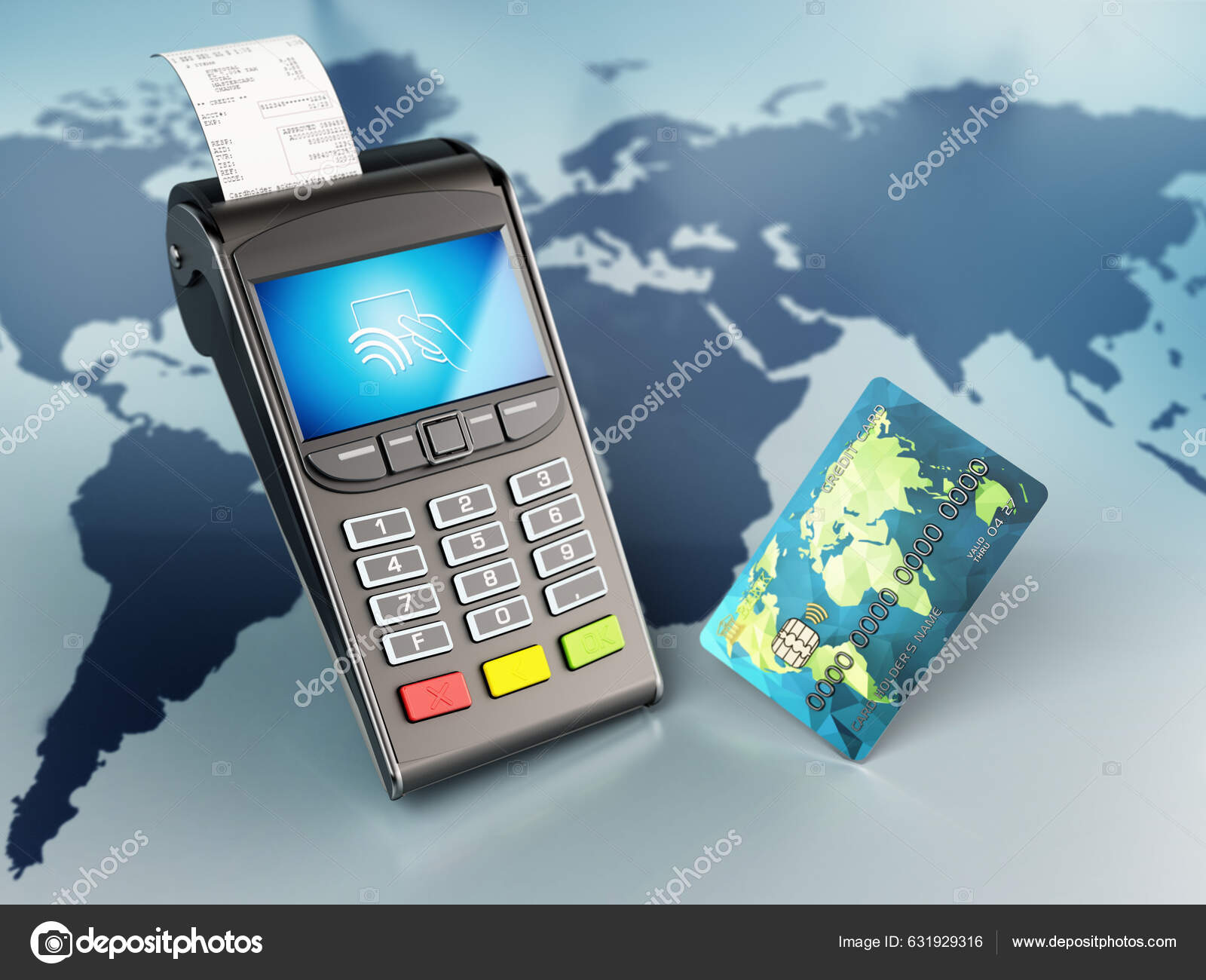 自动取款机和信用卡站在世界地图背景上3D插图——图库图片© destinacigdem #631929316