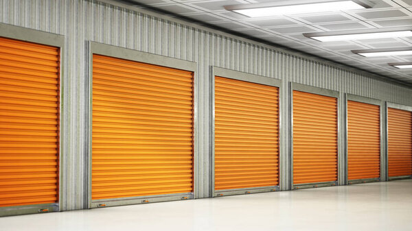 Self storage units with closed doors. 3D illustration.