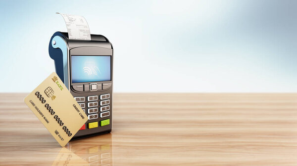 POS machine and credit card standing on wooden table. Copy space on the right side. 3D illustration.