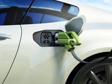 Elektrikli araba aküsü şarj istasyonunda. 3B illüstrasyon.