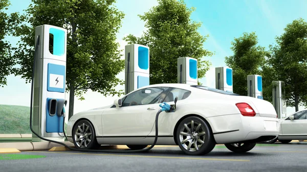 Electric car charging station. Focus on charging point at car parking lot. Future transport technology and clean energy concept. 3D illustration.