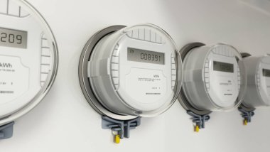 Duvarda elektrik sayaçları var. 3B illüstrasyon.