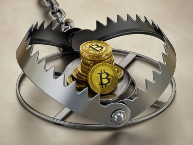 Ayı kapanının üzerinde duran bitcoinler. Kripto para birimi yatırım riski kavramı. 3B illüstrasyon.