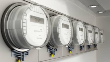 Duvarda elektrik sayaçları var. 3B illüstrasyon.
