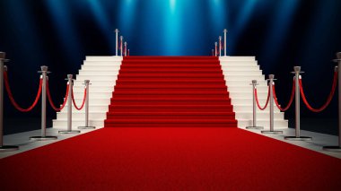 Red carpet and velvet ropes leading up the staircase. Spotlit night bakcground. 3D illustration.