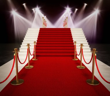 Red carpet and velvet ropes leading up the staircase. Spotlit night bakcground. 3D illustration.