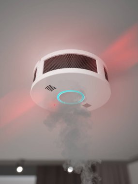 Smoke and alarming detector on the room ceiling. 3D illustration.
