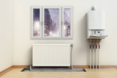 Combi boiler on the house wall, next to the heating radiator. Visible installation of heating tubes. 3D illustration. clipart