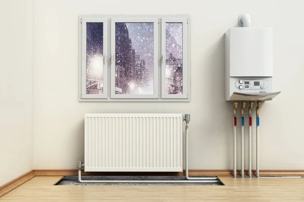 Combi boiler on the house wall, next to the heating radiator. Visible installation of heating tubes. 3D illustration.