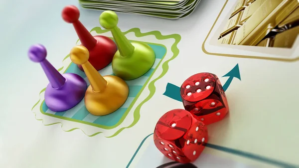 Board game pawns, dices and cards on boardgame table. 3D illustration.
