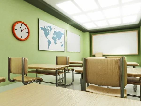 Classroom with empty seats. 3D illustration.