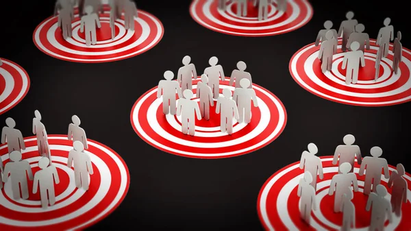 Target groups concept with people on target reticules. 3D illustration.