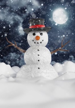 Snowman standing on snow. 3D illustration.