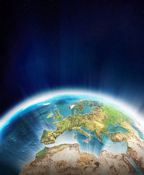 Earth in space with glowing Europe continent. 3D illustration.