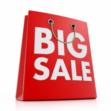 Big sale shopping bag isolated on white background. 3D illustration.