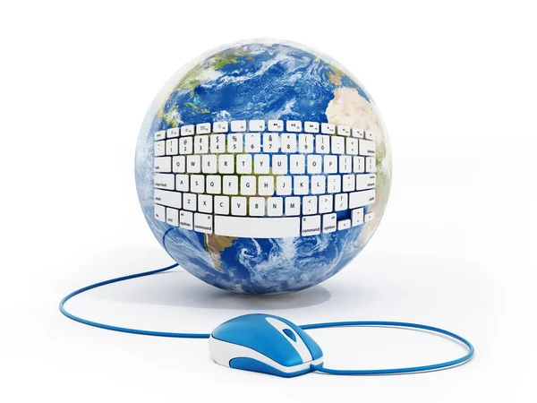 White Keyboard Wrapped Earth Connected Computer Mouse Illustration — 스톡 사진