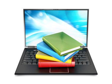 Book stack on laptop computer isolated on white background. 3D illustration.