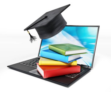 Book stack and graduation cap on laptop computer isolated on white background. 3D illustration.