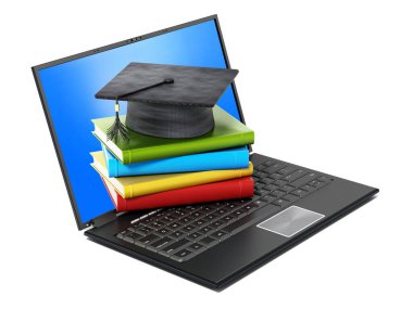 Book stack and graduation cap on laptop computer isolated on white background. 3D illustration.