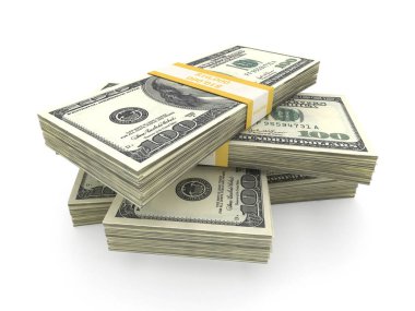 100 dolarlık banknotlar beyaz arka planda izole edilmiş para yığını oluşturuyor. 3B illüstrasyon.