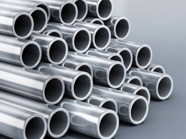 Çelik borular yığılıyor. 3B illüstrasyon.