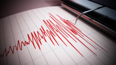 Büyük bir depremin sismograf verileri. Rapor sayfasında sismik dalgalar var. 3B illüstrasyon.