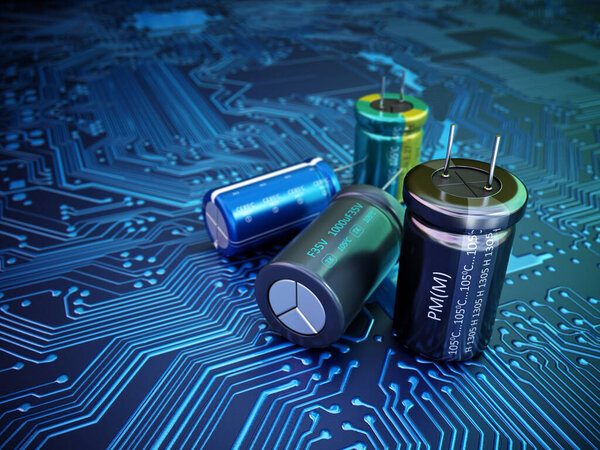 Various capacitors standing on the green-blue PCB. 3D illustration.