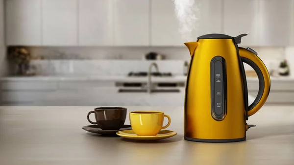 Yellow plastic electric kettle and coffee cups standing on kitchen counter. 3D illustration.