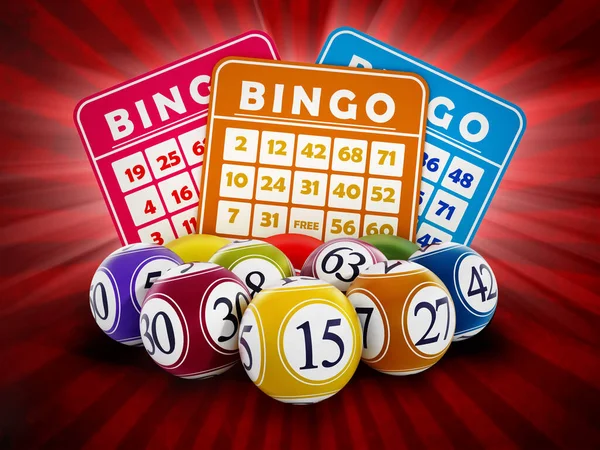 Bingo card and balls with numbers on red background. 3D illustration.
