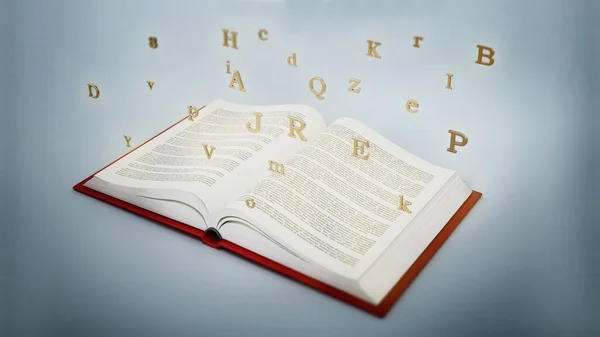 Open book with floating letters. 3D illustration.