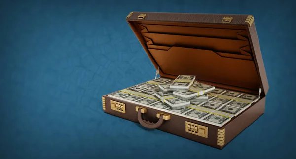 Open vintage briefcase full of 100 dollar bills on blue background. Copy space on the left. 3D illustration.