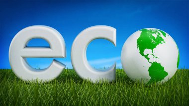 Eco text with globe on grass against blue sky. 3D illustration. clipart