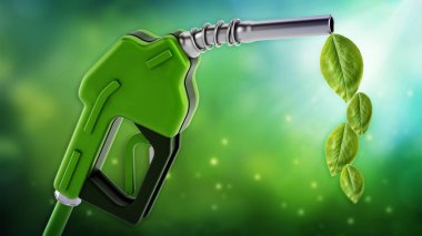 Green gas pump with leaves on nature background. 3D illustration.