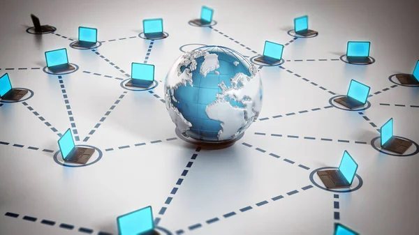 Global computer network connecting a globe and laptop computers. 3D illustration.