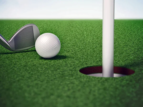 Golf ball and tee on the grass court. 3D illustration.