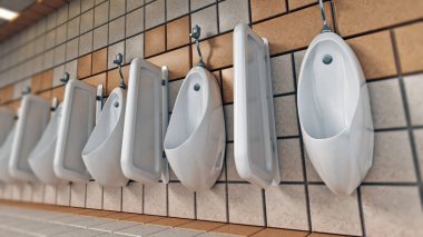 Public restroom with urinals hanging on the walls. 3D illustration. clipart