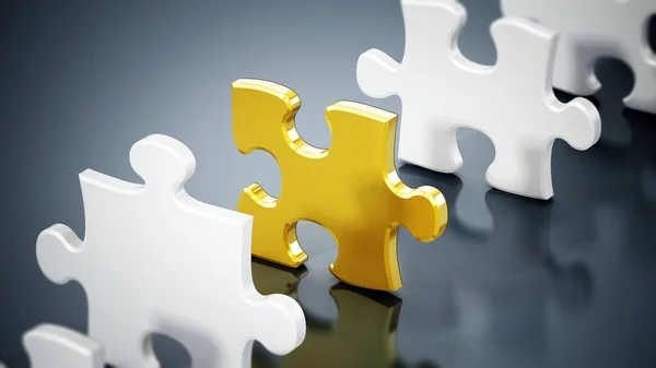 Het Gele Puzzelstukje Valt Tussen Witte Puzzelstukjes Illustratie — Stockfoto