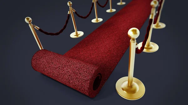 Gerollte Rote Teppiche Und Samtene Seile Isoliert Auf Weißem Hintergrund — Stockfoto