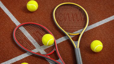 Tenis raketleri ve sert kortta toplar. 3B illüstrasyon.