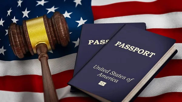Gavel Paszporty Amerykańskiej Fladze Ilustracja — Zdjęcie stockowe