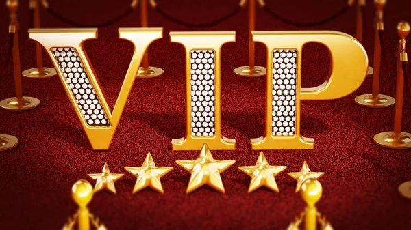 VIP room text and five stars on red carpet. 3D illustration.