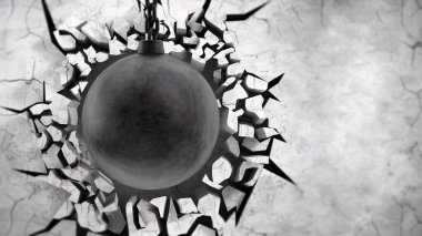 Yıkım topu duvarı yıkar. Sağ taraftaki boşluğu kopyala. 3B illüstrasyon.