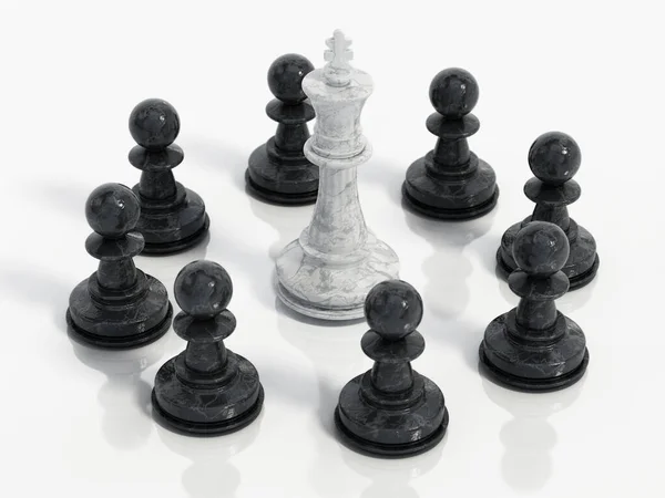 Король Белых Шахмат Окружении Черных Пешек Иллюстрация — стоковое фото