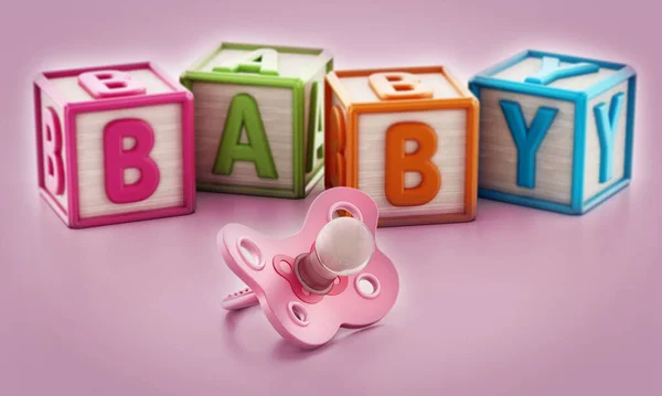 粉红婴儿奶嘴和玩具立方体在粉色背景下形成婴儿词 3D插图 — 图库照片