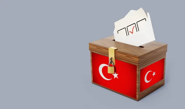 投票箱上的土耳其国旗 土耳其选举概念 左边有复制空间 3D插图 — 图库照片