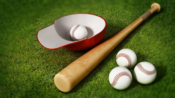 Baseball cap, ball and bat standing on grass field. 3D illustration.