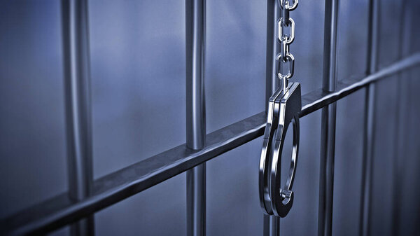 Handcuffs attached to metal prison bars. 3D illustration.